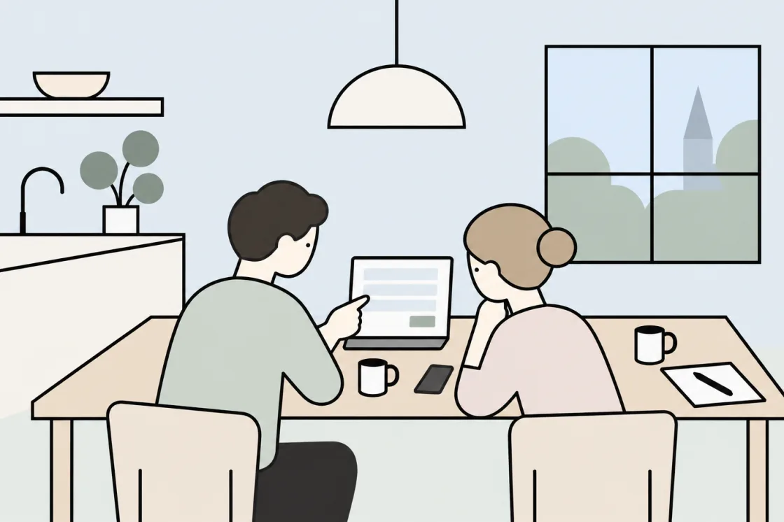 Two guests sit at a table at home and fill in an inquiry form together on a laptop