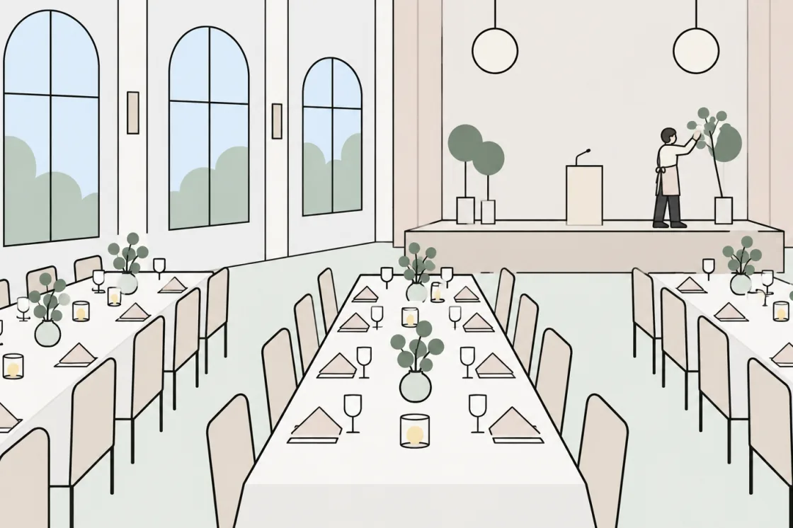 Laid banquet tables in the festively prepared hall shortly before the guests arrive