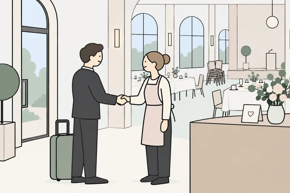 A guest says goodbye to the host with a handshake, a thank-you card and flowers on the counter